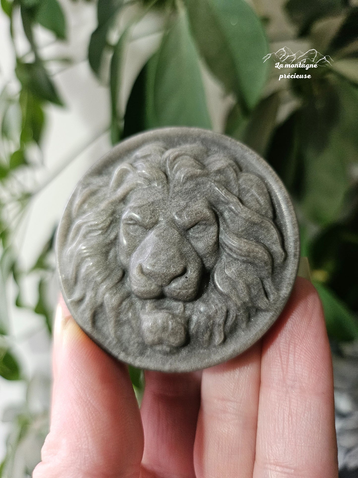 Amulette tête de lion en obsidienne argentée