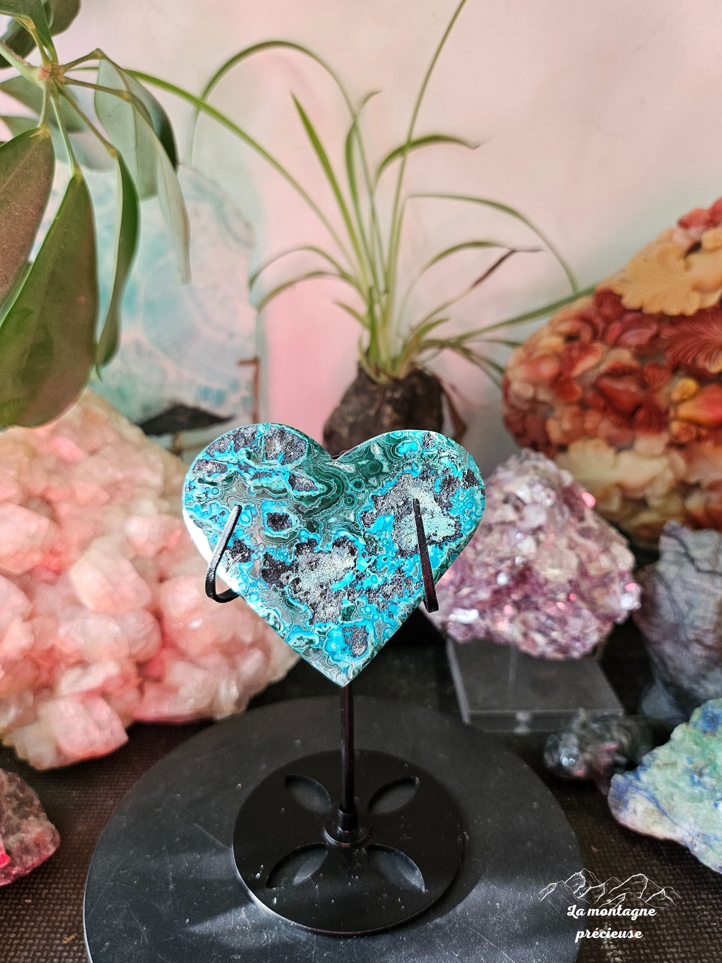 Coeur en chrysocolle et malachite