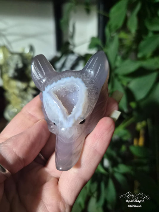 Tête de loup en géode d'améthyste